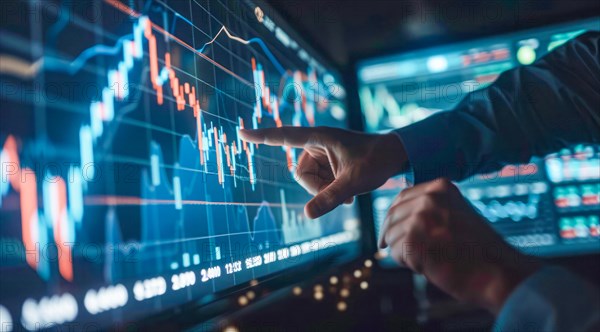 A man is pointing at a graph on a transparent screen showing market and economy trends, AI