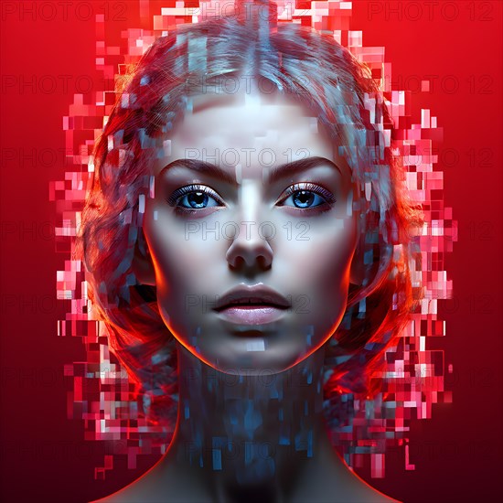 AI generated female human head digitalised in pixel art style presenting a mosaic of vibrant hues