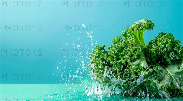 Fresh bunch of green kale floating in water. A concept of vegetarian lifestyle and vegetarian diet,