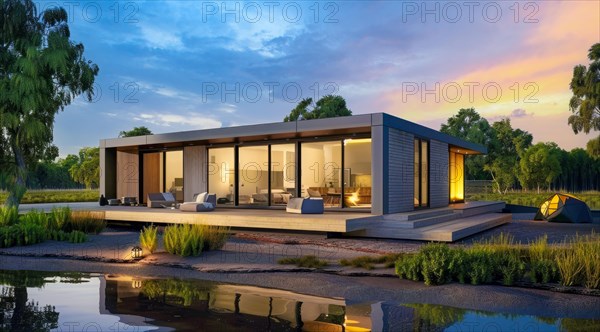 A large private house villa with a pool and a garden. Modern architecture with bright big