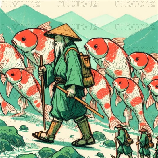 Surreal illustration of a cloaked traveler with a staff walking through a fantasy landscape
