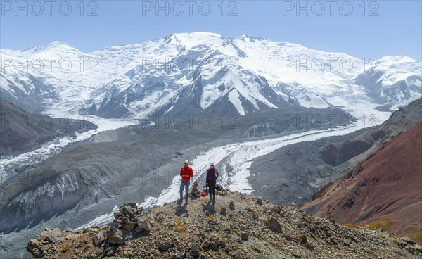 Aerial view, panorama, high mountain landscape with glacier moraines and glacier tongues, glaciated