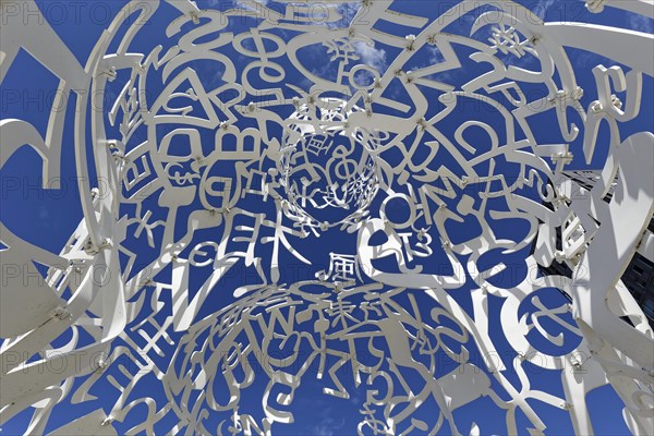 Public art, frog perspective of source sculpture by Jaume Plensa, Montreal, Province of Quebec,