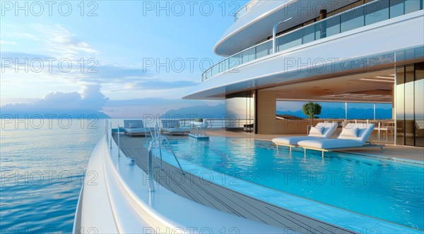 A large luxury yacht with a pool on the side of it. The pool is surrounded by a railing and has a