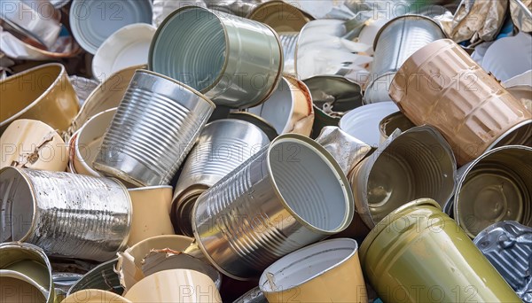 Symbol photo, waste, a large amount of empty open broken tinplate cans on a heap, AI generated, AI