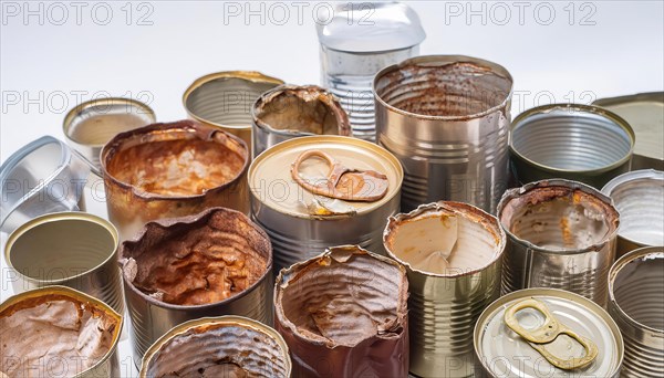 Symbol photo, many empty tin cans, partly crushed, rusty, dirty, on a white background, AI