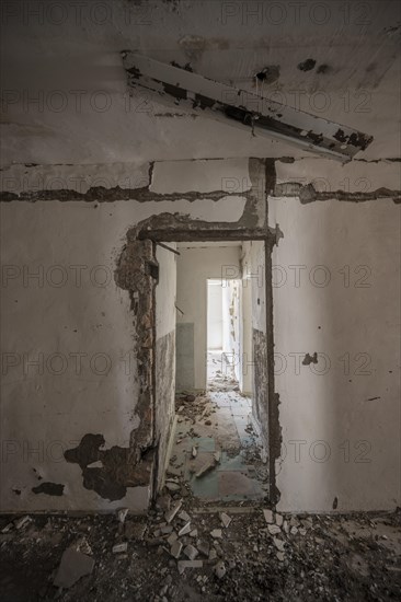 Abandoned destroyed flat with rubble ghost town, Engilchek, Tian Shan, Kyrgyzstan, Asia
