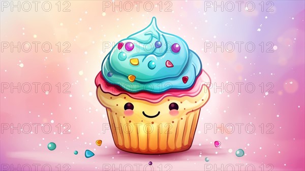 Smiling cartoon cupcake with vibrant blue frosting and colorful sprinkles on a pink background, AI