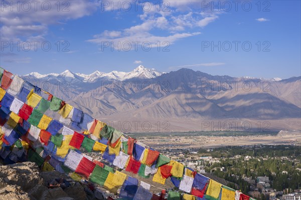 Panorama from Tsenmo hill over Leh and the Indus valley to Stok Kangri, 6153m, Ladakh, Jammu and