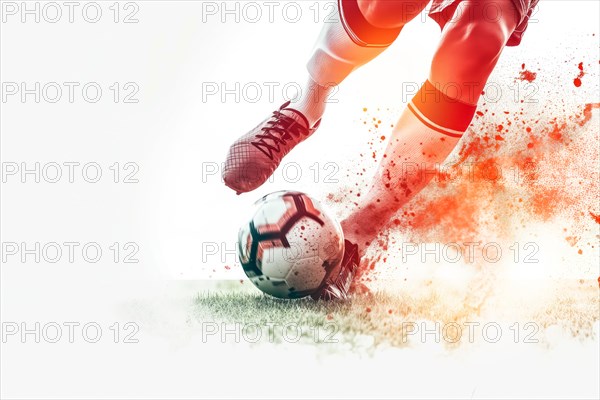 A soccer player kicks a ball on a field. Concept of action and excitement, as the player is in the