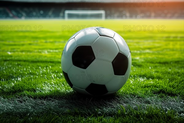 A soccer ball on a green field in soccer football stadium in evening on sunset with floodlights