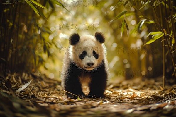 Cute panda cub in a lush bamboo grove, The image showcases the beauty and serenity of nature and