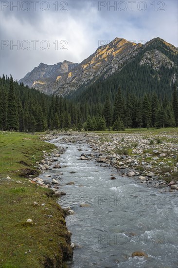 Green mountain valley with river and steep mountain peaks, Chong Kyzyl Suu Valley, Terskey Ala Too,