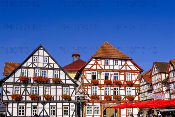Old town hall, half-timbered houses, market square, Eschwege, Werratal, Werra-Meissner district,