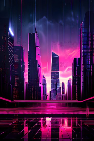 AI generated illustration of a cityscape with skyscrapers and holographic elements in pink color