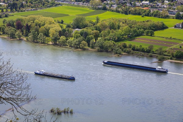View from Drachenfels, mountain in the Siebengebirge on the Rhine with cargo ships between