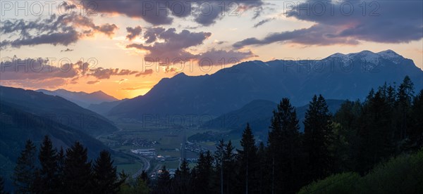 Sunset over the Liesingtal, in the valley the village of Traboch, panoramic shot, Schoberpass