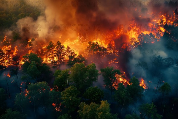 Aerial view of a forest fire is raging through a forest, with smoke and flames visible in the air.
