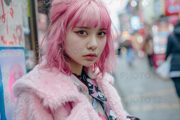 Young Asian woman with pink dyed hair and bold street fashion clothing in city street. KI