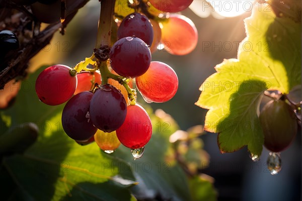 AI generated ripe grapes clinging to a vine sunlight dancing through the leaves accentuating their