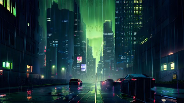 AI generated illustration of a cityscape with skyscrapers and holographic elements in grey and
