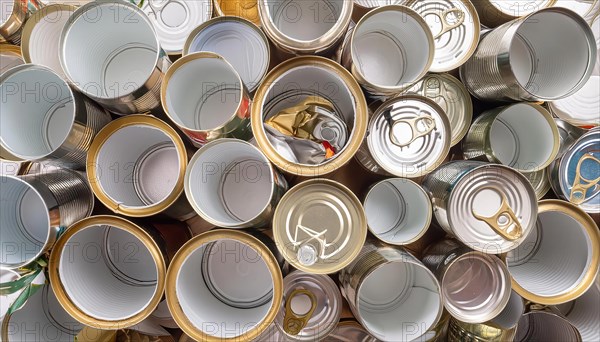 Symbol photo, waste, a large quantity of empty open tinplate cans on a heap, AI generated, AI
