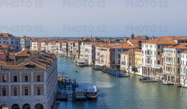 View from the roof of the Fondaco dei Tedeschi, boats on the Grand Canal, Venice, Veneto, Italy,