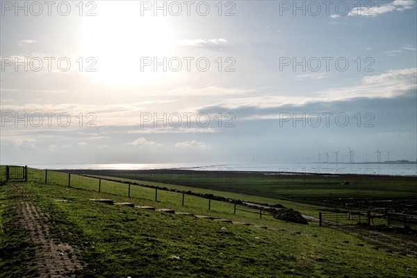 View from the Ems dyke in Pogum to the right bank of the Ems towards Emden and Dollart,
