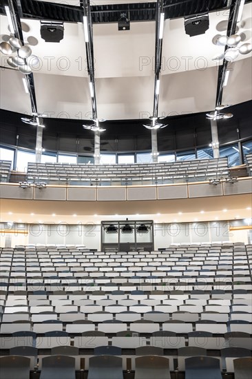 View from the lectern onto rows of seats in an empty lecture theatre, interior view, Department of