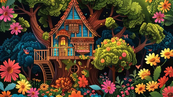 An illuminated treehouse emerges magically among vibrant flowers and dense night-time foliage, AI