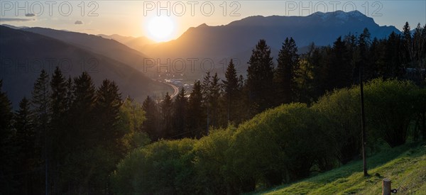 Sunset over the Liesingtal, in the evening light the village of Traboch, Schoberpass federal road,