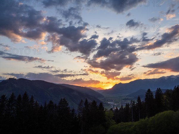 Sunset over the Liesingtal, in the evening light the village of Traboch, Schoberpass federal road,