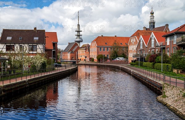 Am Roten Siel, view towards the city centre, town hall tower in the background on the right, Emden,