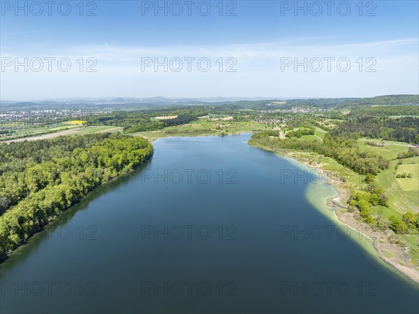 Aerial view of Lake Mindelsee, a glacial tongue lake on the Bodanrueck, with the Hegau Mountains on