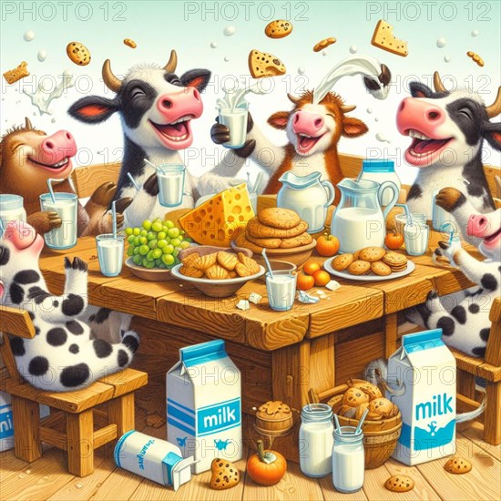 Illustrated scene of cheerful cartoon cows sitting around a wooden table, merrily indulging in