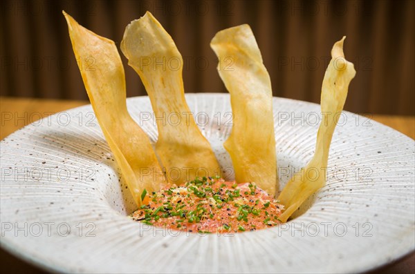 PERUVIAN FOOD. Spiced Salmon Ceviche with Chives and Lime on a white plate served with Fried Sweet