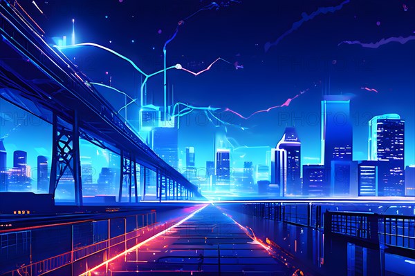 Ai generated conceptual illustration of a neuronal network with city skyline in the background in