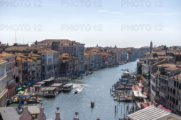View from the roof of the Fondaco dei Tedeschi, boats on the Grand Canal, Venice, Veneto, Italy,