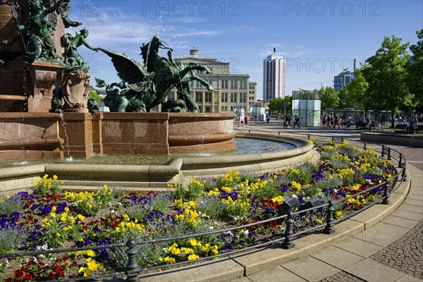 Mendebrunnen, Leipzig Opera House and Winter Garden Tower, Augustusplatz, Leipzig, Saxony, Germany,
