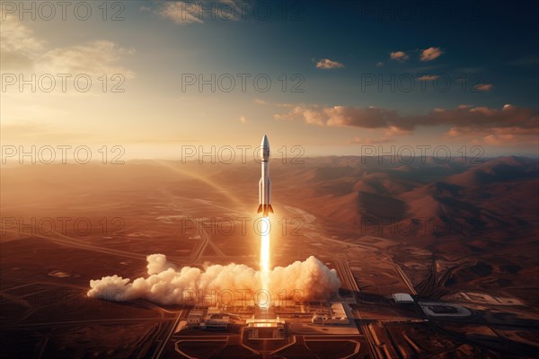 Aerial view of a rocket launch at sunrise sunset over an ocean coast. The rocket is blasting off