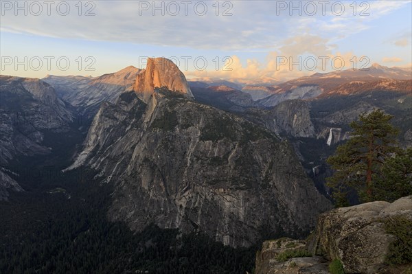 View from the viewpoint of Half Dome and Yosemite Valley during sunset in partial shade, Yosemite