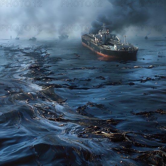A gloomy picture of a tanker surrounded by oil in the foggy sea, oil spill, environmental disaster,