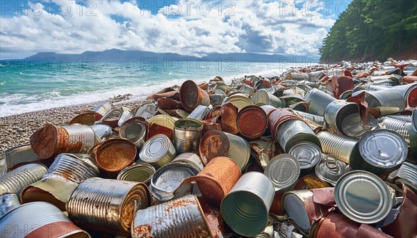 Symbol photo, many empty tin cans, partly crushed, rusty, dirty, lying on the beach, waste, AI