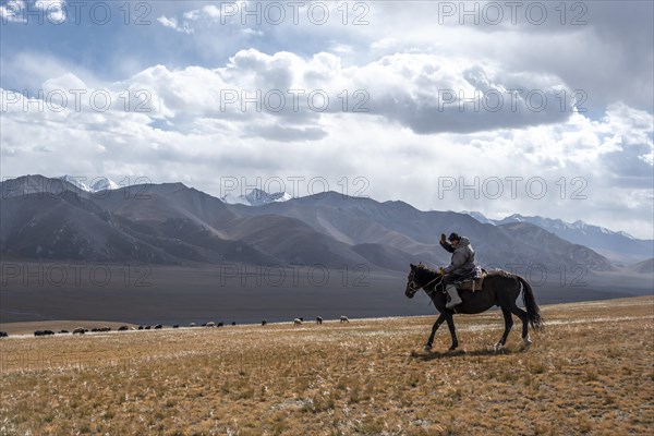 Nomadic life on a plateau, shepherd on horse, flock of sheep, dramatic high mountains, Tian Shan