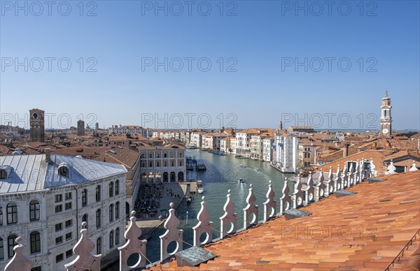 View from the roof of the Fondaco dei Tedeschi, boats on the Grand Canal, Venice, Veneto, Italy,