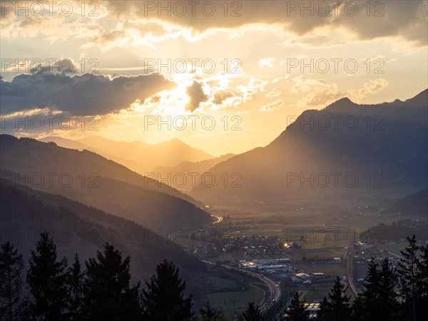 Sunset over the Liesingtal, in the evening light the village of Traboch, Schoberpass federal road,