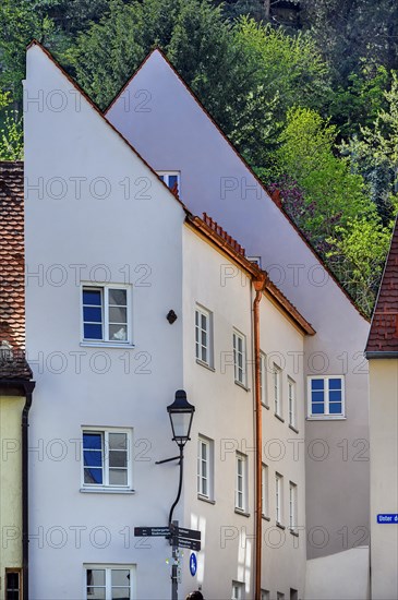 Quirky pointed gable facades, Kaufbeuern, Allgaeu, Swabia, Bavaria, Germany, Europe