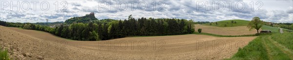 Farmland, behind Riegersburg, panoramic view, Riegersburg, Styrian volcanic region, Styria,
