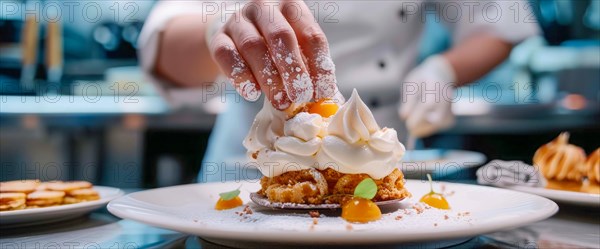 Chef is decorating a dessert with berries and other delicious additions of sweets and whipped