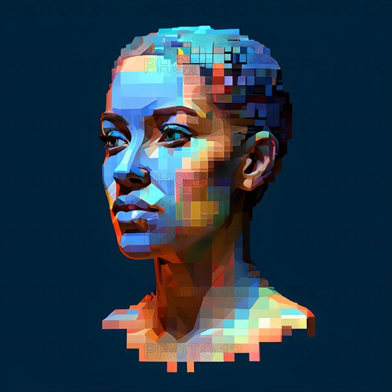 AI generated female human head digitalised in pixel art style presenting a mosaic of vibrant hues